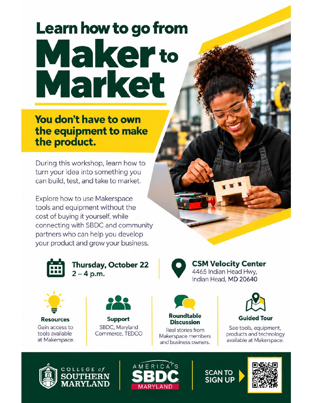 Maker to Market Workshop at CSM Velocity Center flyer