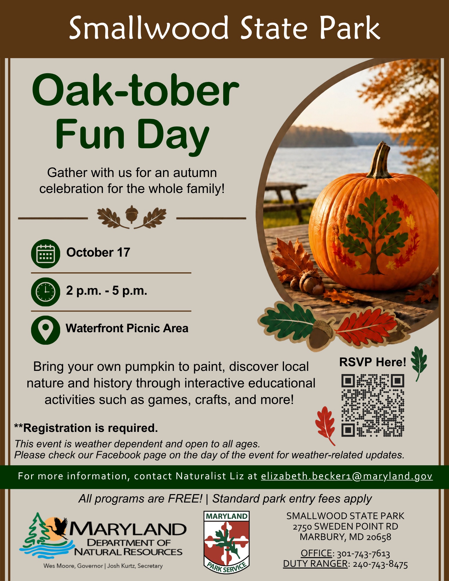 Oak-tober Fun Day at Smallwood State Park flyer