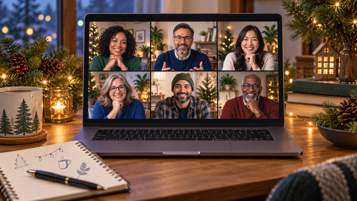 Illustration of community volunteers meeting by video call to plan a holiday celebration.