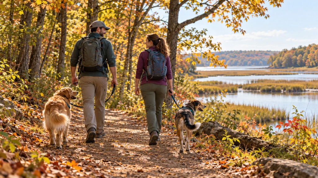 Illustration of two adults walking leashed dogs on an autumn woodland trail beside tidal wetlands.