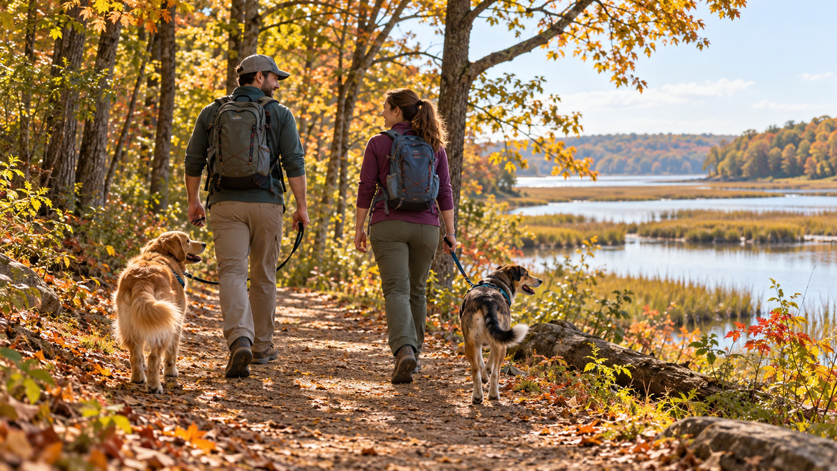 Illustration of two adults walking leashed dogs on an autumn woodland trail beside tidal wetlands.