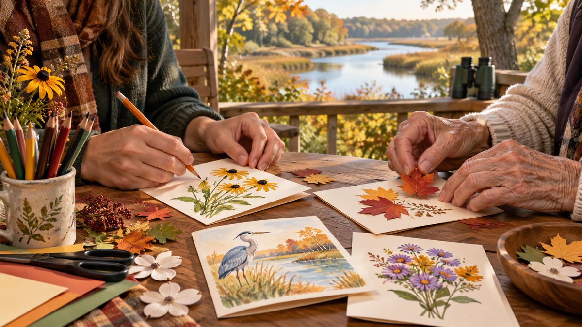 Illustration of hands decorating greeting cards with flowers and autumn leaves on an outdoor table.