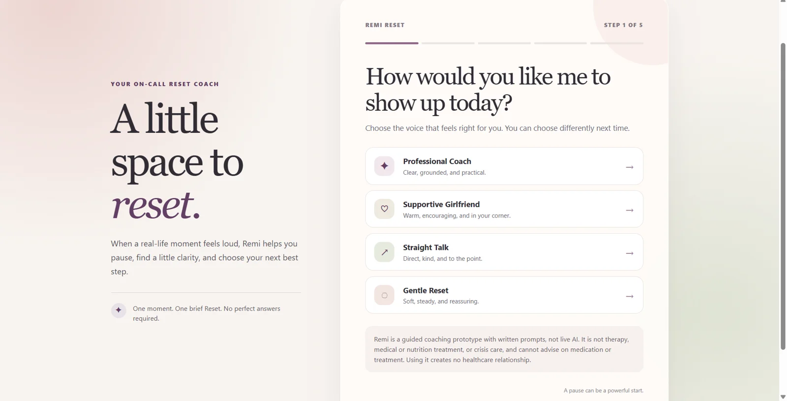 Dr. Renetta Weaver's Remi prototype, with guided reset prompts and choices of coaching voice